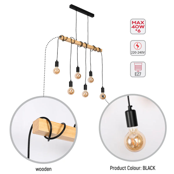 Rustic Wooden and Bamboo Beam Pendant Lights with Multiple Lamp Holders