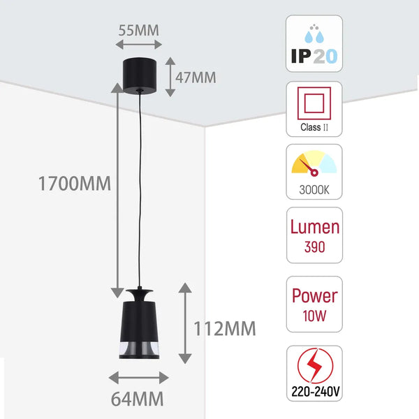 Torchlight LED Pendant Downlight 10W Black Finish, 3000K Warm White