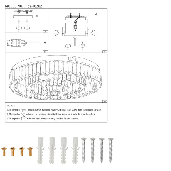 Triple Nested Ring Crystal Flush Ceiling Chandelier Light with Remote Control 3 Colour D600mm