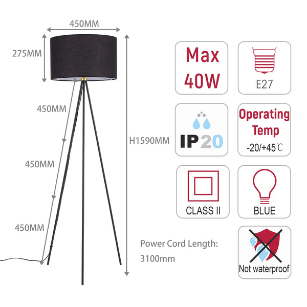 Tripod Floor Lamp – E27 Fitting, 1590mm Height