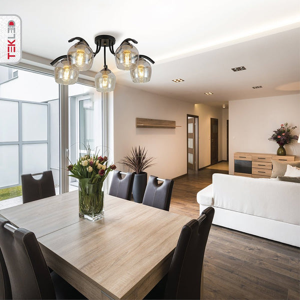 Amber Glass Black Semi-Flush Ceiling Light E27