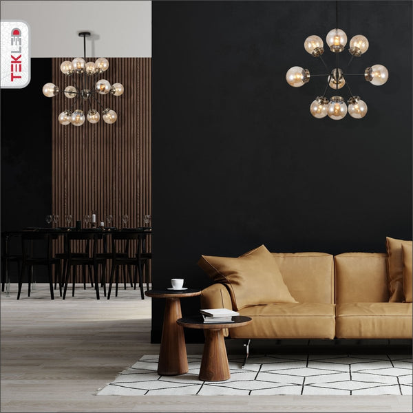 Amber Glass Globe Black and Antique Brass Semi Flush Ceiling Light E27