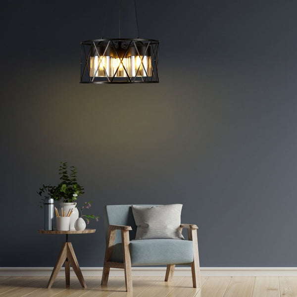 Black Caged Metal Amber Cylinder Glass Chandelier Ceiling Light 3xE27