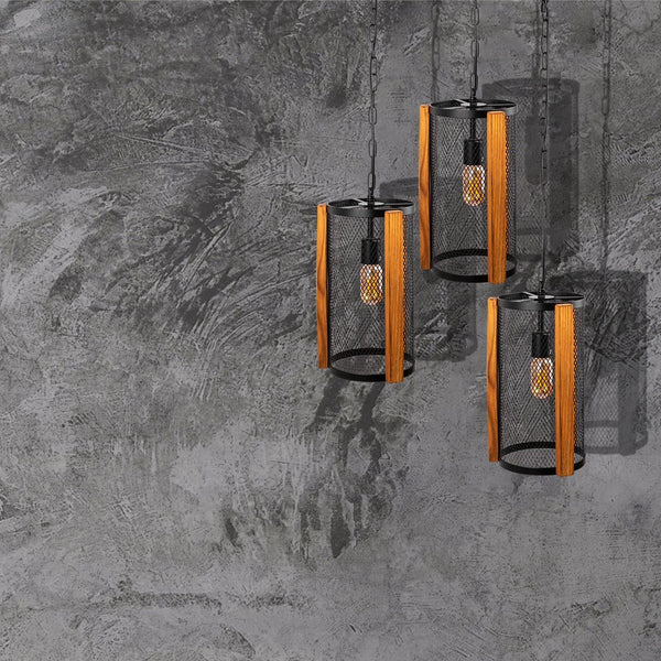 Black Metal Wood Cylinder Cage Pendant Ceiling Light E27