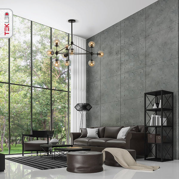 Molecule Shape Black Rod Metal Amber Glass Globe Chandelier Ceiling Light