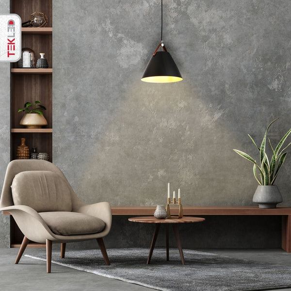 Cosme Nordic Black Metal Funnel Pendant Ceiling Light with Leather Handle