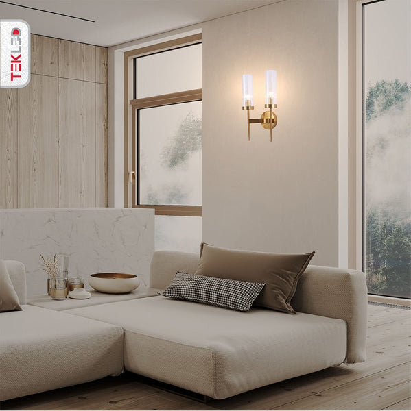 Gold Aluminium Bronze or Black Clear Reeded Cylinder Glass Joseph Fonteyn Fluted Torch Wall Sconce Light