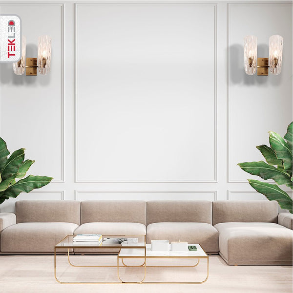 Brushed Brass Metal Clear Textured Glass Wall Light E14 Fitting
