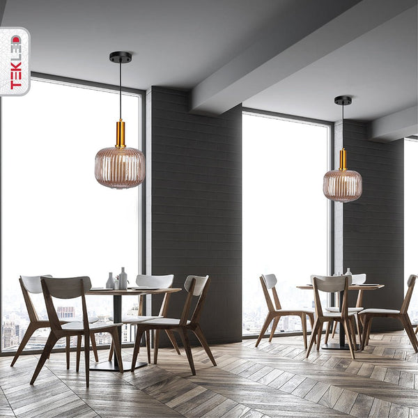 Sawyer Ribbed Fluted Reeded Maloto Lantern Amber Glass Pendant Ceiling Light E27 Gold Bronze Top