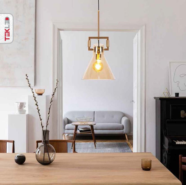 Amber Globe Funnel Dome Glass Gold Metal Body Ceiling Pendant Light