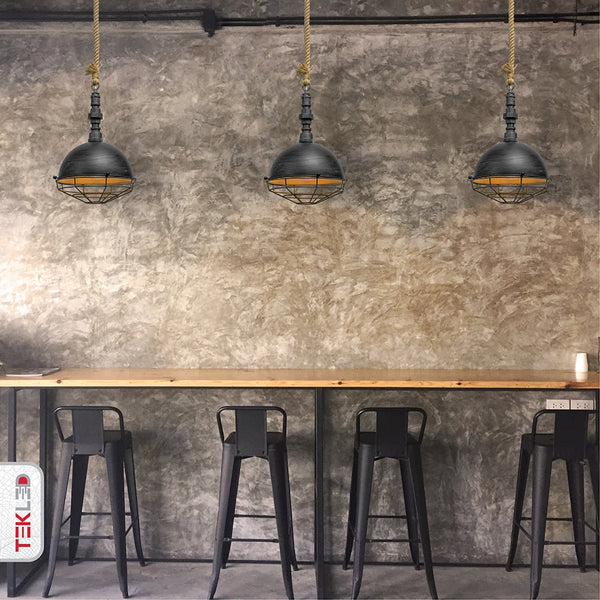 Hemp Rope Silvery Grey Metal Industrial Vintage Pendant Ceiling Light