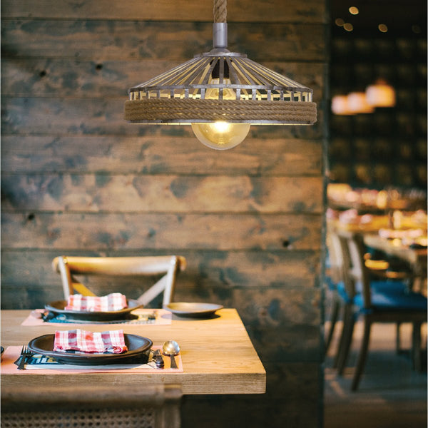 Silvery Grey Metal Hemp Rope Cage Pendant Ceiling Light E27