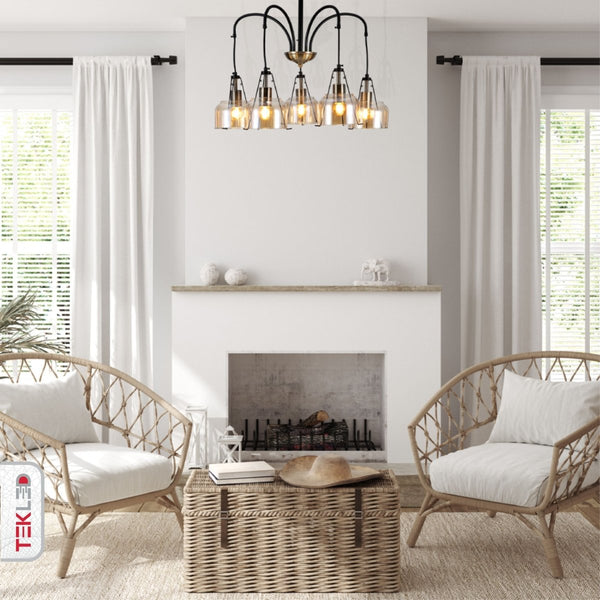 Amber Glass Black and Antique Brass Suspended Chandelier Ceiling Light E27