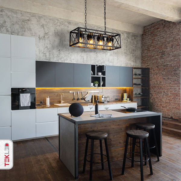 Black Cuboid Metal Amber Cylinder Glass Island Chandelier Ceiling Light 4xE27