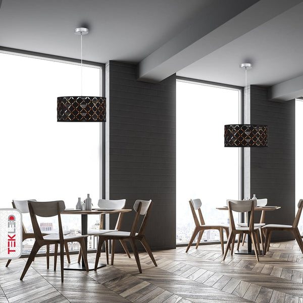 Black-Gold Fabric Cylinder Pendant Ceiling Light E27