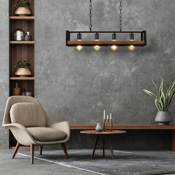 Black Metal Wood Cuboid Island Chandelier Ceiling Light E27