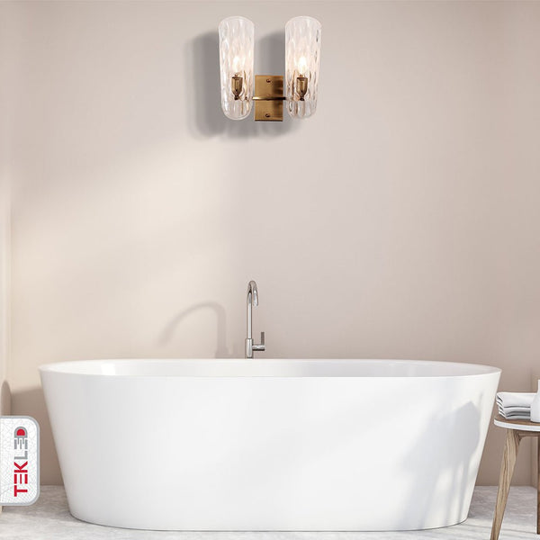 Brushed Brass Metal Clear Textured Glass Wall Light E14 Fitting