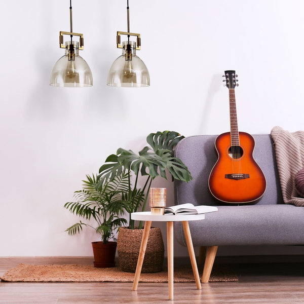 Amber Globe Funnel Dome Glass Gold Metal Body Ceiling Pendant Light