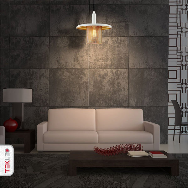 White-Golden Metal Caged Flat Pendant Ceiling Light E27