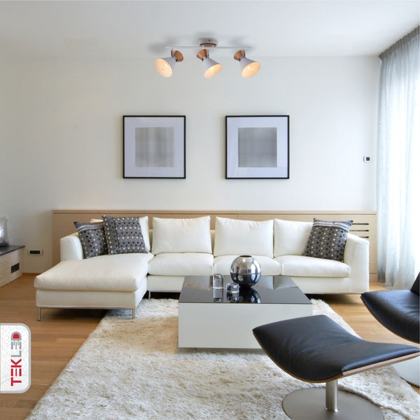 White Metal Wood Funnel Shade White Body Semi Flush Ceiling and Wall Light E14