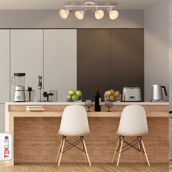 White Metal Wood Funnel Shade White Body Semi Flush Ceiling and Wall Light E14