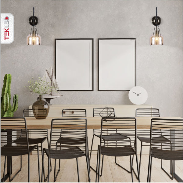 Industrial Dome Wall Light with Pull Switch and Amber Glass Shade