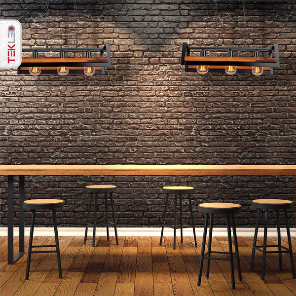 Black Metal Wood Cuboid Island Chandelier Ceiling Light E27