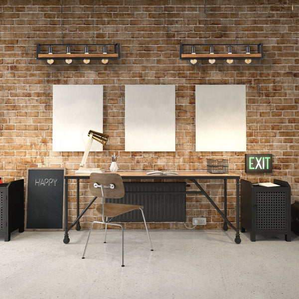 Black Metal Wood Cuboid Island Chandelier Ceiling Light E27