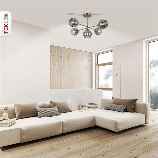 Smoky Glass Dome Antique Brass Semi Flush Ceiling Light