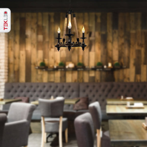 Farmhouse Rustic Matte Black Metal Hemp Rope Wagon Wheel Ceiling Chandelier Light