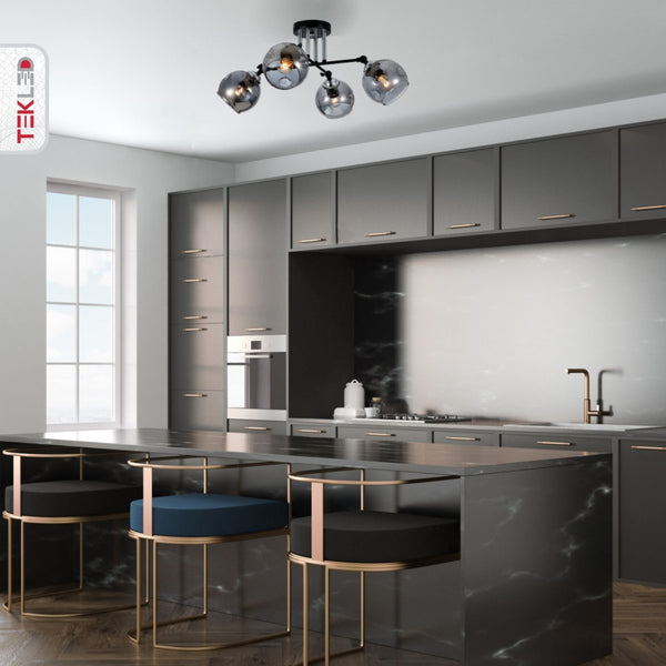 Smoky Glass Black and Chrome Semi Flush Ceiling Light E27