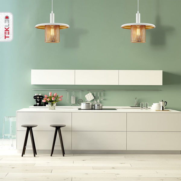 White-Golden Metal Caged Flat Pendant Ceiling Light E27