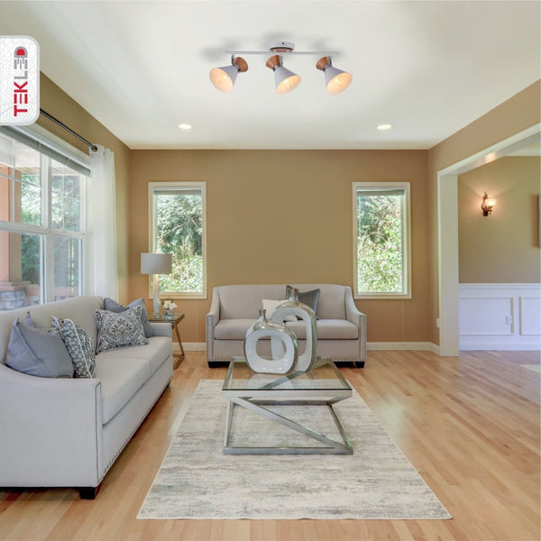 White Metal Wood Funnel Shade White Body Semi Flush Ceiling and Wall Light E14