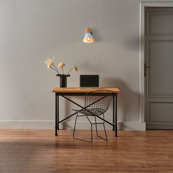 White Metal Wood Funnel Shade White Body Semi Flush Ceiling and Wall Light E14