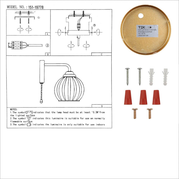 Reeded Glass Wall Light with Pull Down Switch E27 Fitting