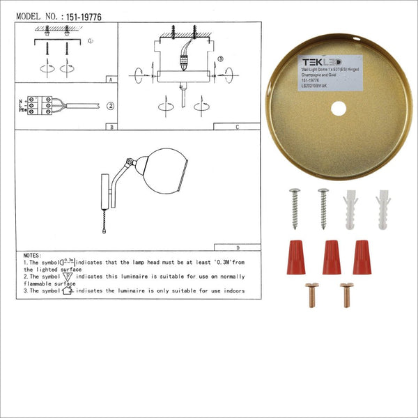 Gold Hinged Metal Amber Dome Glass Wall Light E27 Pull Down Switch