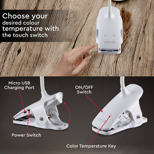 Ringo Rechargeable Clip on Reading Desk Light Dimmable and Colour Modes