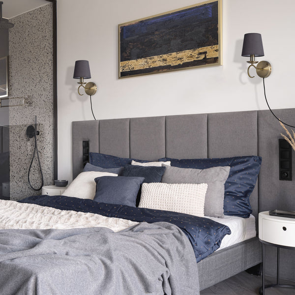 Vintage Grey Fabric Shade Wall Light with Plug-In