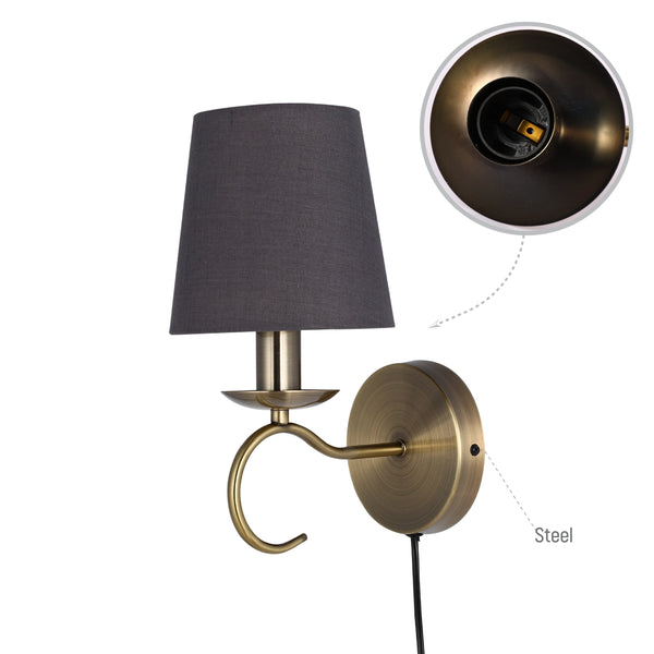 Vintage Grey Fabric Shade Wall Light with Plug-In