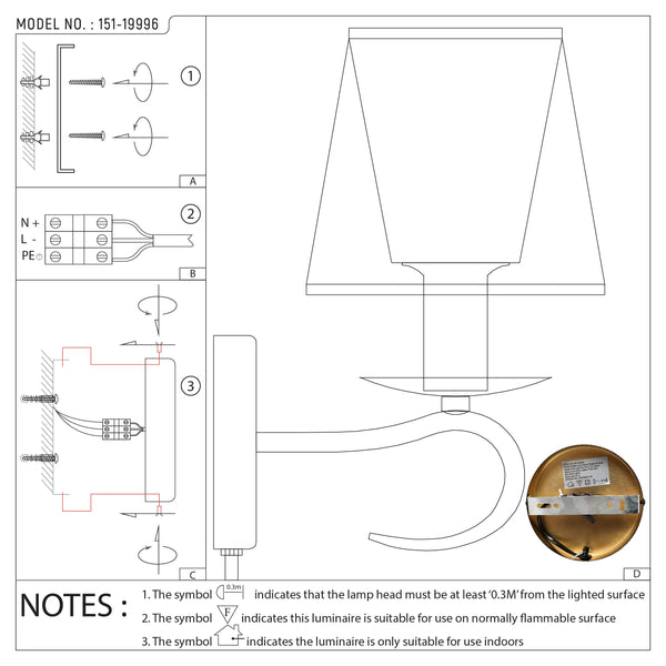 Vintage Grey Fabric Shade Wall Light with Plug-In