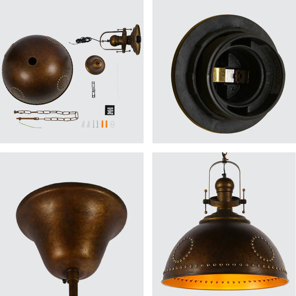 Vintage Industrial Dome Pendant Light with Rivet Detailing