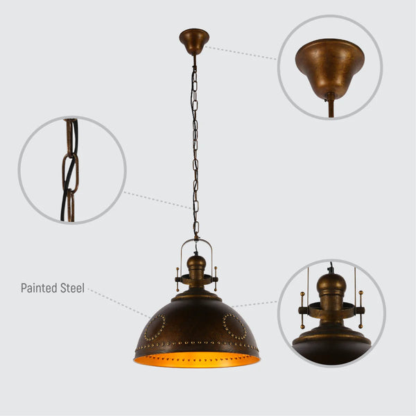 Vintage Industrial Dome Pendant Light with Rivet Detailing
