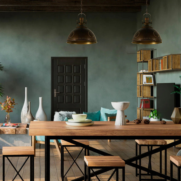 Vintage Industrial Dome Pendant Light with Rivet Detailing