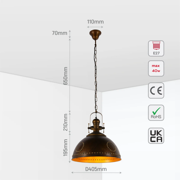 Vintage Industrial Dome Pendant Light with Rivet Detailing