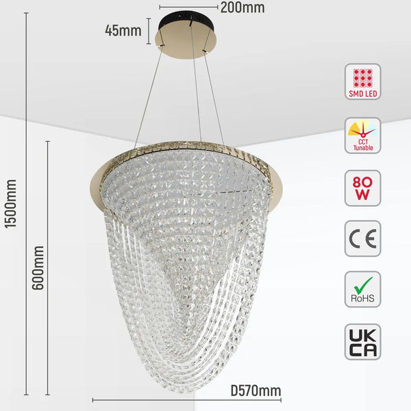Vortex Crystal Cascade LED Chandelier 80W Gold
