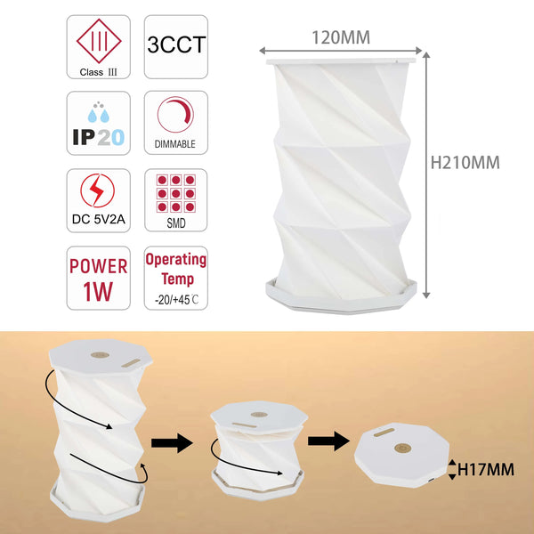 Expandable Origami Table Lamp – White & Gold, USB Rechargeable, 3CCT Dimmable LED