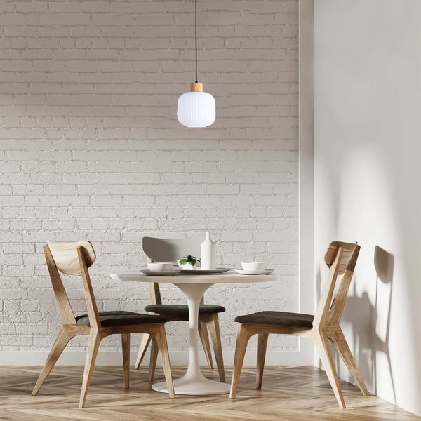 White Ribbed Glass Pendant Light with Wooden Accents