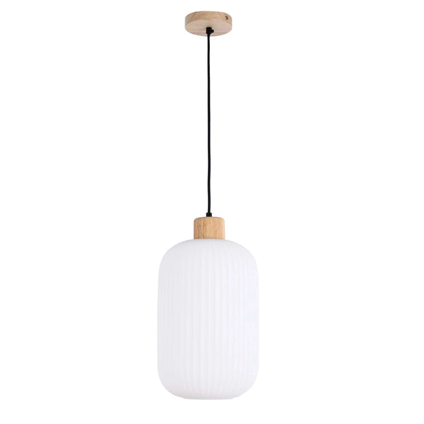White Ribbed Glass Pendant Light with Wooden Accents