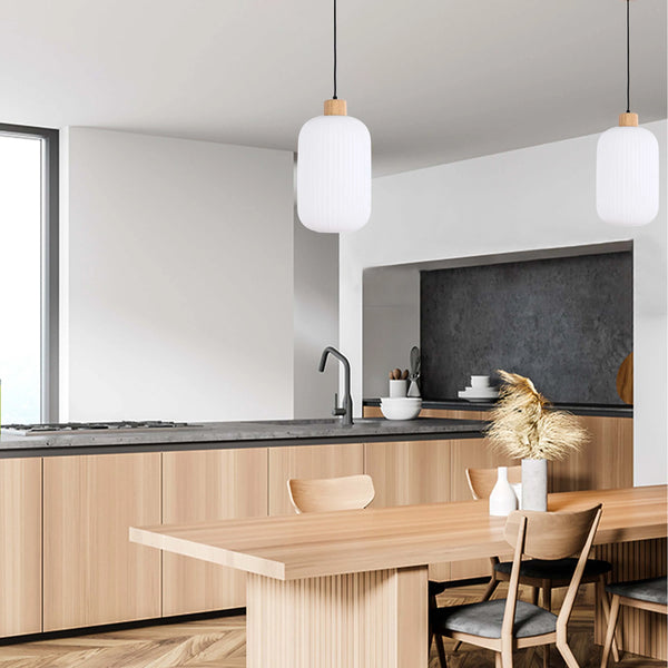 White Ribbed Glass Pendant Light with Wooden Accents