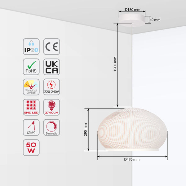 White Ribbed Knitted Fabric Pendant Light 470mm Diameter Ceiling Lamp 3000-6000K